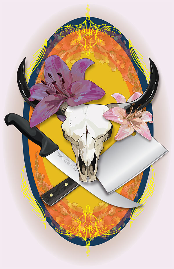 cow skull with knives and flowers